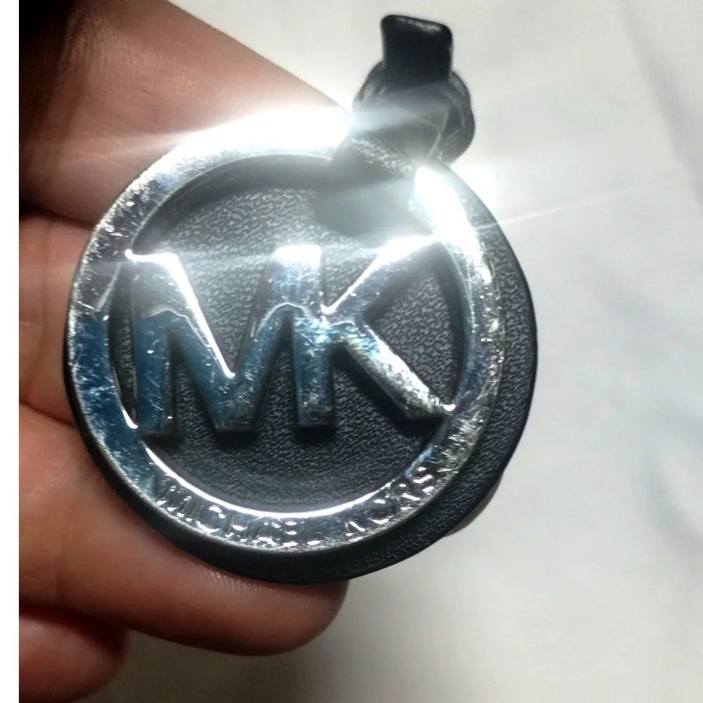 Michael Kors MK Circle Logo Leather Buckle Bag Charm Keychain Black Silver